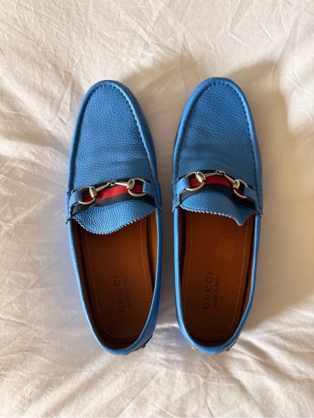Gucci Light Blue Leather Horsebit Loafers with Red-Blue Web